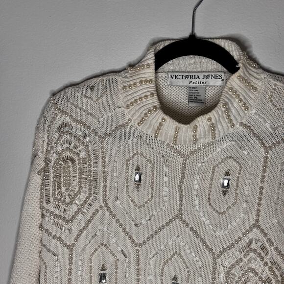Vintage 1980s Victoria Jones Sweater Dress Pearls Beaded Rhinestone Petite Large - Picture 2 of 16
